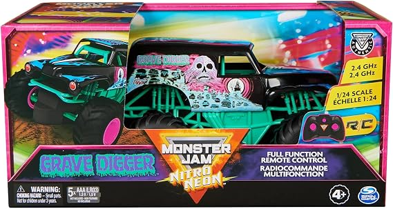 Monster Jam Nitro Neon Grave Digger 1:24 Scale RC Truck Full-Function Remote Control Monster Truck (Official Spin Master)