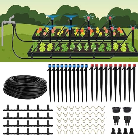 110FT Drip Irrigation System 90PCS Kit, Quick-Connect Automatic Garden Watering DIY System with Adjustable Nozzles & Sprinklers for Garden Greenhouse Flower Lawn Potted Plants