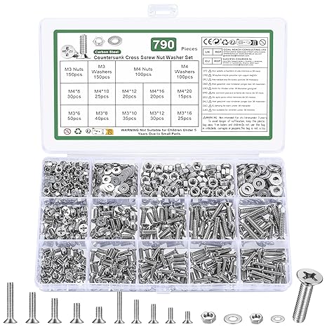 790 Pcs M3 M4 Screws Set,Countersunk Nuts And Bolts Assortment | Silver small M3 M4 countersunk screws