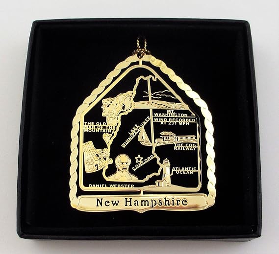 New Hampshire State Brass Ornament Black Gift Box Personalize w Year Charm