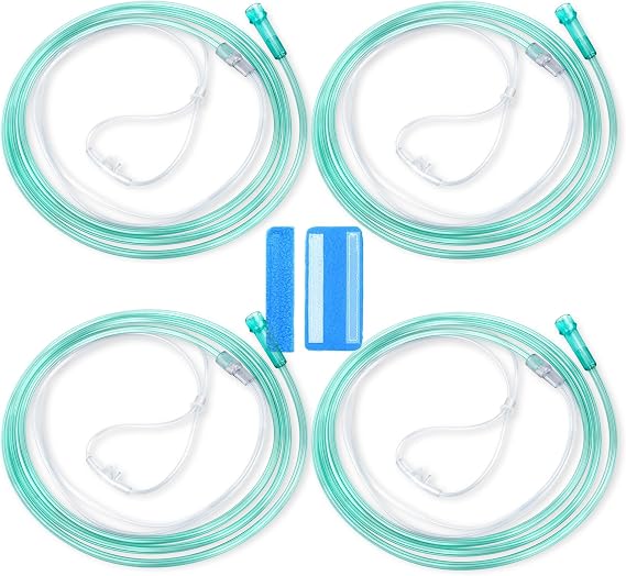 7 Foot Green Nasal Cannulas for Oxygen, Standard Kink Resistant Cannula Nasal Tubing for Oxygen - 4 Pack Oxygen Cannula with 1 Pair Ear Cushions
