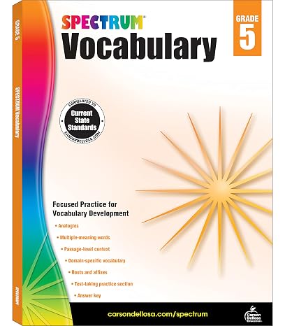 Spectrum 5th Grade Vocabulary Workbooks, Ages 10 to 11, Grade 5 Vocabulary, Reading Comprehension Context Clues, Vocabulary Analogies, Multiple-Meaning Words, Roots and Affixes - 160 Pages