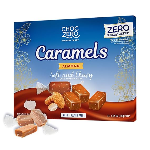 ChocZero Sugar Free Almond Caramels, Roasted Almonds, Soft & Chewy, 9 oz | Keto Caramel Candy, No Sugar Alcohols, Low Carb, High Fiber, Gluten Free, Individually Wrapped