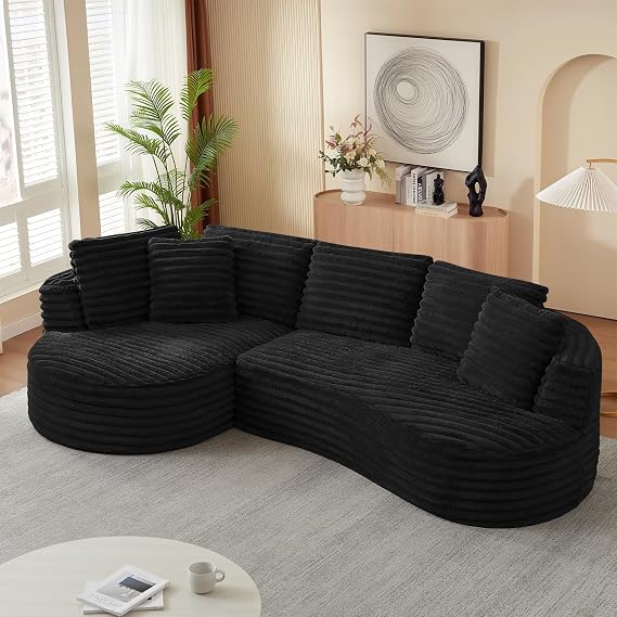 121" Modular Sectional Sofa, Oversized Cloud Couch with Deep Seat L Shaped Sofa with Left Chaise Corduroy Boneless Sleeper Sofa Couch No Assembly Needed for Living Room Apartment, Black