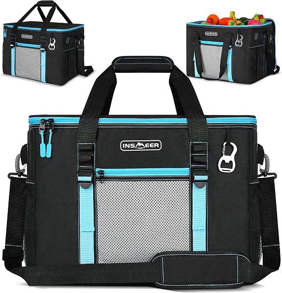 INSMEER Large Cool Bag 50L, Insulated Cooler Bag 80 Cans Foldable/Collapsible/Leakproof with Opener&Removable Shoulder Strap, Thermal Bag Cool Box for Camping Beach Picnic Family Shopping, 4 People