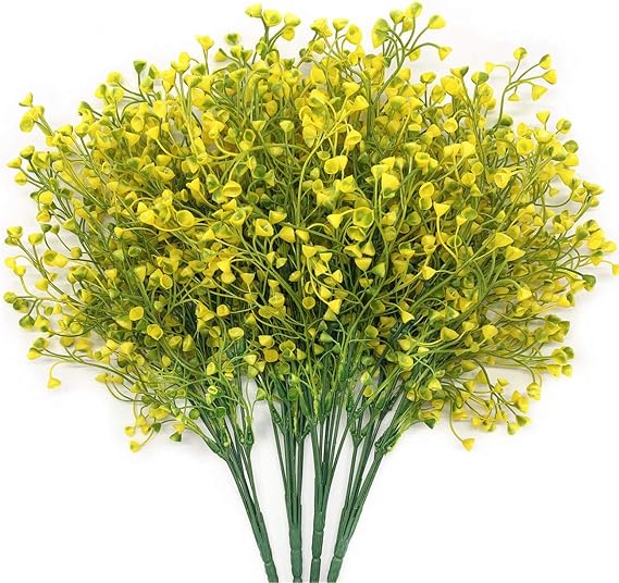 Artificial Plants, Plastic Shrubs Fake Simulation Bushes Wedding Outdoor Home Garden Verandah Parterre Office Table Centerpieces Arrangements Decoration DIY Planter Filler - Yellow 4 Pack