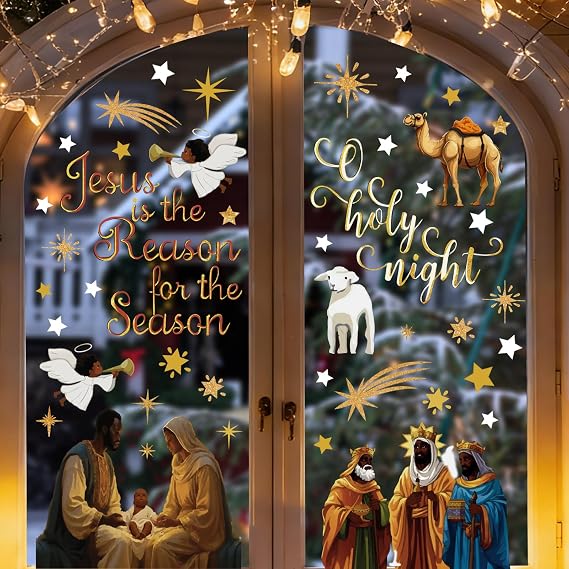 4 Sheets Christmas Window Clings, Double-Sided African American Nativity Scene Window Sticker, Jesus is The Reason for The Season Decals, for Xmas Holiday Home Office Glass Door Window Decorations