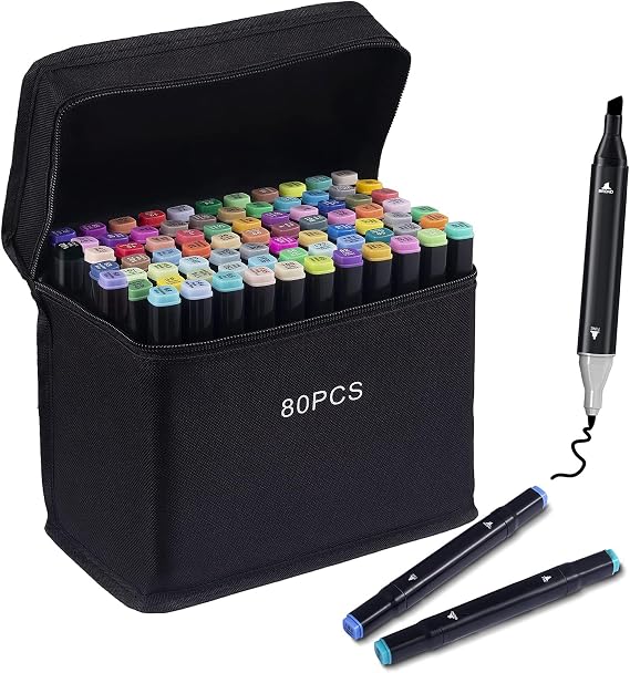 80 Colors Markers, Dual Tip Art Alcohol Markerpen Set, Permanent Sketch Markers for Adults Artists, Alcohol Based Marker for Coloring Illustrations Drawing Designing (Black)