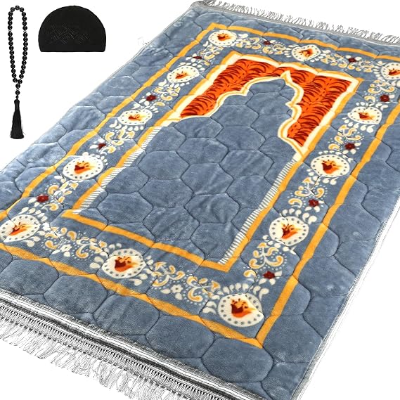 Muslim Prayer Rug with Tasbih Prayer Beads & Kufi Hat, Padded Very Thick Prayer Rug Sajadah for Men and Women (Gray1)