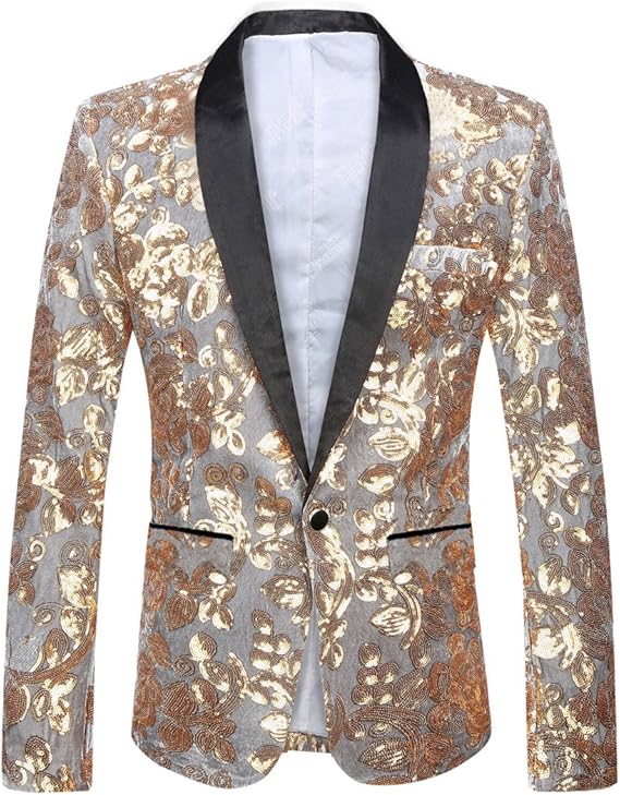 Men's Fashion Velvet Sequin Floral Pattern Suit Jacket Blazer