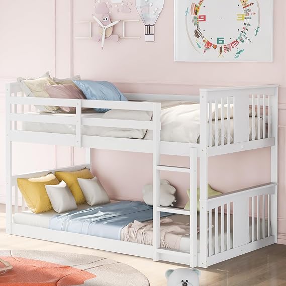 Kids Bunk Bed Twin Over Twin, Twin Over Twin Bunk Bed with Ladder, Low Bunk Beds with Full Length Guardrail, Montessori Floor Bunk Beds for Kids, Boys,Girls