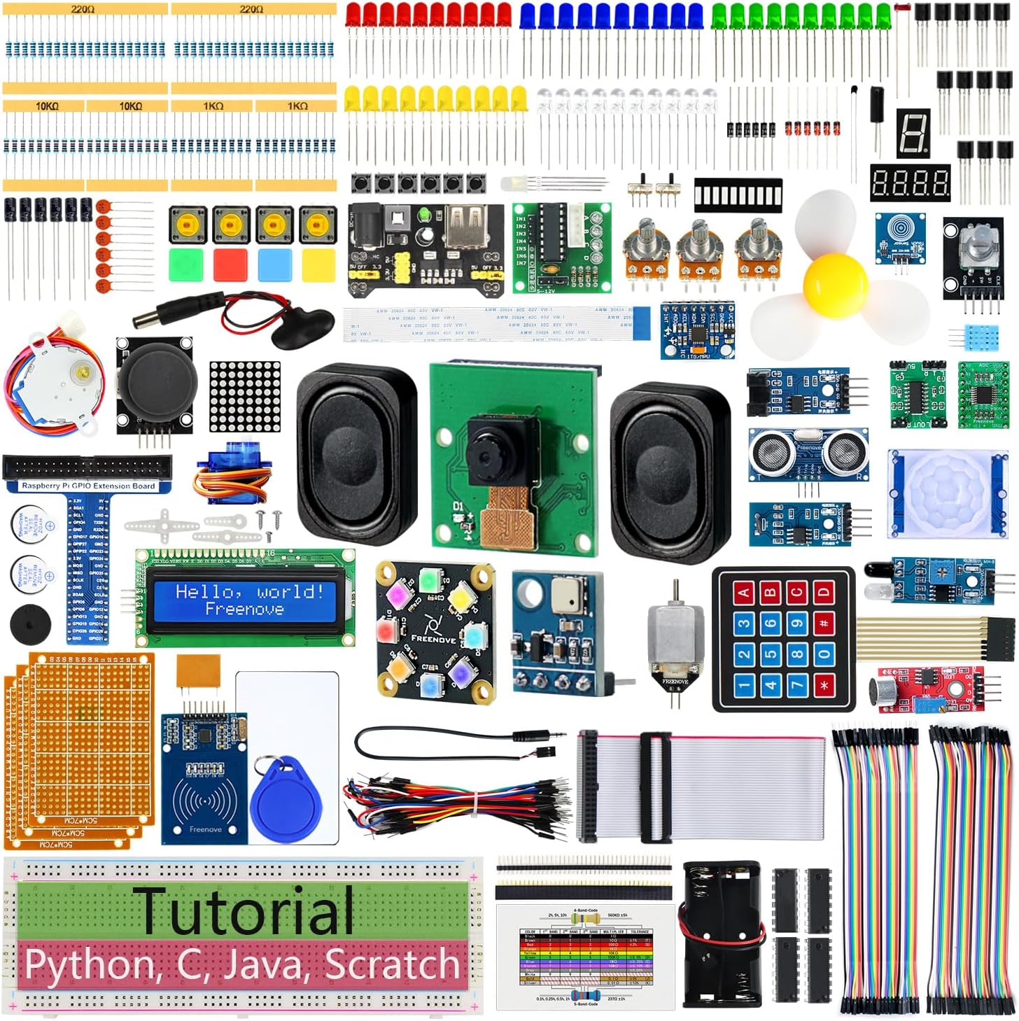Freenove Complete Starter Kit for Raspberry Pi 5 4 B 3 B 500 Zero 2 W, 1170-Page Tutorial, Python C Java Scratch Processing Code, 386 Items, 164 Projects, Camera Speaker Raspberry Pi NOT Included