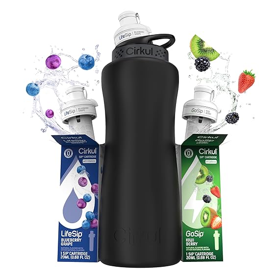 Cirkul 32oz Black Metal Bottle with Two No Sugar, 0 Cal Flavored Water Sips