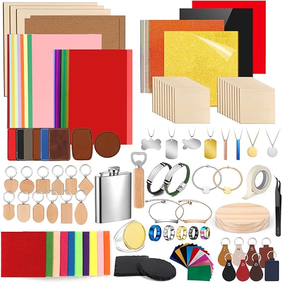 Adrattnay Laser Material Explore Kit, 218PCS Laser Engraving Supplies for Crafting, 29 Kinds Materials Includes Basswood, Acrylic, Leather, Metal Necklace Bracelet Ring for Engraver Machine