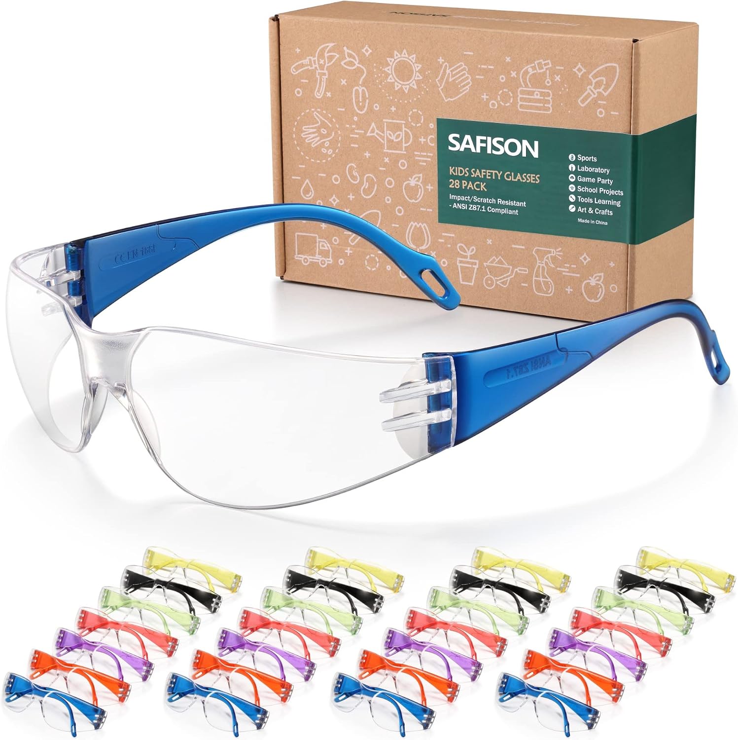28 Pack Kids Safety Glasses, ANSI Z87.1 Child Size Protective Goggles in 7 Colors, Scratch and Impact Resistant Clear Lens Eyewear with Color Frame for Nerf PartyScienceSchool Projects