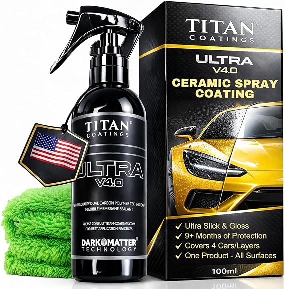 Ultra V4.0 Ceramic Spray Coating 100ml - Extreme Gloss & Hydrophobic Shine - Dual Carbon Polymer & Hyper Quartz Technology - Long Lasting UV Protection - Easy Spray & Wipe Car Sealant