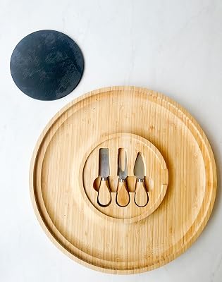 Charcuterie by Sergio The Round - 16 Moso Bamboo Charcuterie Board Set with Knife Set, Stone Slate & Mesh Cloche Elegant Cheese Board for Entertaining & Gifting