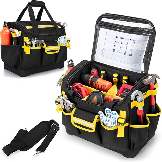15-Inch Tool Bag with Hard Bottom, Electrician Tool Box Organizer