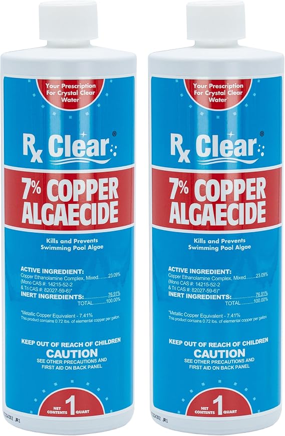 Rx Clear 7% Copper Algaecide | Kills and Prevents Algae for In-Ground and Above Ground Swimming Pools | Safe Formula for Swimmers | One Quart Bottles | 2 Pack