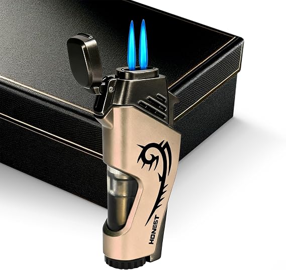 Mini Double Torch Lighter Portable Windproof Jet Refillable Butane Lighters with Dust Cover, Visible Gas Window for Candle Incense Outdoor Grill (Butane Not Included)(Gold)