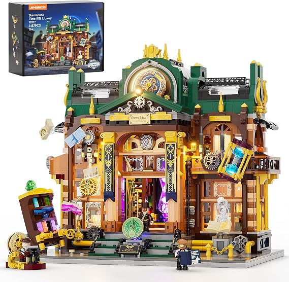 Lumibricks Zeitriss-Bibliothek LED-Baustein-Set – 3187 Teile Steampunk-Fantasy-Modell mit Schnellbau- und beweglichen Elementen ideal für Erwachsene & Jugendliche