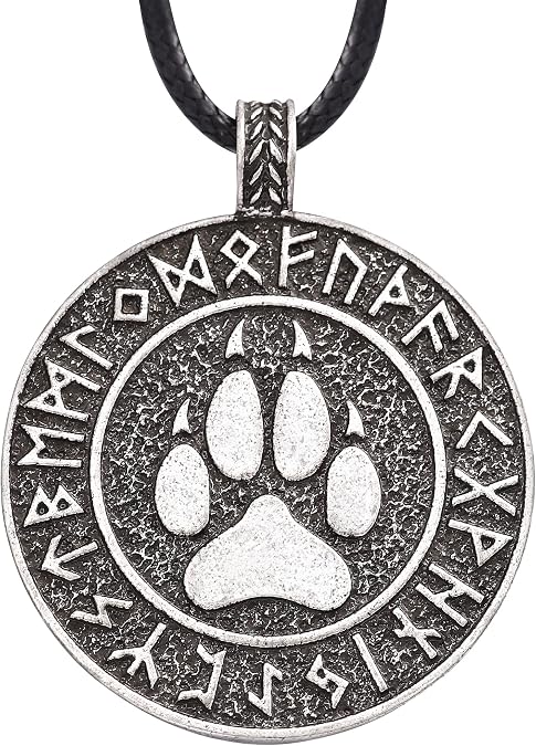 HAQUIL Viking Necklace, Viking Runes Wolf Paw Print Medallion Pendant, Faux Leather Cord, Viking Jewelry Gift