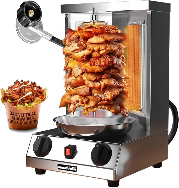 WantJoin Shawarma Grill Machine - Gas Vertical Rotisserie with 2 Burners and Drip Pan for Home Use, Stainless Steel Rotating Doner Kebab and Gyro Meat Oven Cooks up to 18 lbs