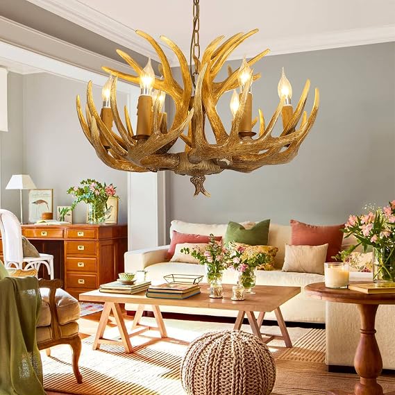 Antler Chandelier, Deer Antler Chandelier 6 Lighting, Antler Chandelier Resin Deer Horn with a 47in Chain, Rustic Farmhouse Antique Resin Antler Chandelier for Kitchen, Living, Dining Room
