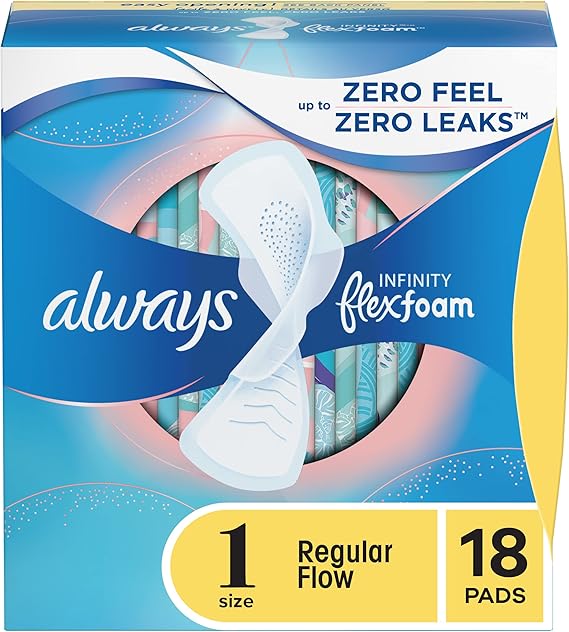 Always Infinity Feminine Pads For Women, Size 1 Regular Absorbency, With Wings, With Flexfoam, Unscented, 18 Count