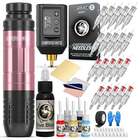 Wormhole Tattoo Gun Kit, 1500mAh Battery Wireless Tattoo Machine Kit Complete Tattoo Practice Kit 20PCS Tattoo Needles Rechargeable Cordless Tattoo Power Supply for Tattooist WTK260