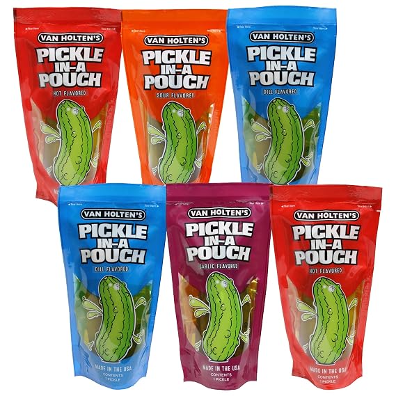 Van Holten's Variety Pickle-In-A-Pouch Sampler, Assorted Dill Snack, 6 Pack | Assorted jumbo pickle flavors in resealable pouches, shelf-stable snack variety pack, gluten free, individually wrapped
