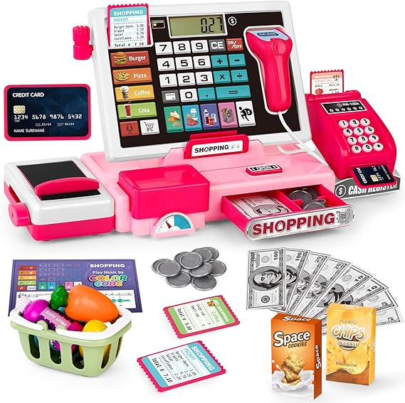 Kids Cash Register Toy Playset, Real Calculator Cash Register | Prentend Play Store with Scanner/Credit Card/Play Money/Food, Kids Learning Toys for Boys Girls(Pink)