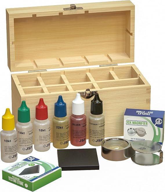 Jewelry Testing Kit 10K, 14K, 18K, 24K Gold, Silver, Platinum Test Solutions with Scratch Stone, 30X Loupe, Instructions, and Bamboo Storage Box