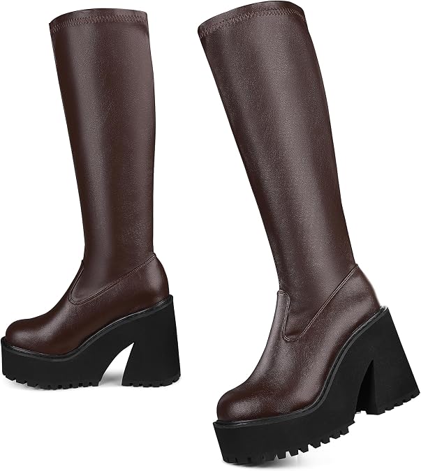 AMINUGAL Platform Knee High Boots Elastic Wedge Chunky Heel Tall Boots