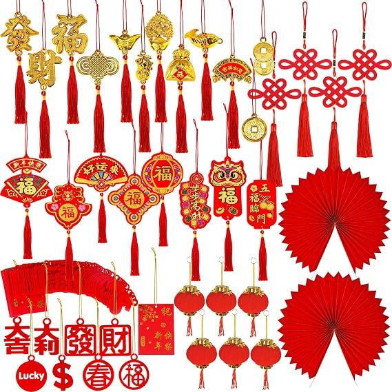Winlyn 106 Pcs Chinese New Year Decorations Chinese Hanging Good Luck Ornaments Red Lanterns Festive Tree Ornaments Paper Fans for Asian Chinese Lunar New Year 2026 Year of The Horse Party Decor