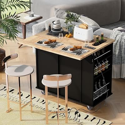 Kitchen Island Cart with Rubber Wood Drop Leaf Countertop and Power Outlet, 35.8 Inch Rolling Kitchen Cart with Open Storage, Wine Rack, Two Drawers, Towel Rack