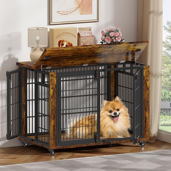 EasyCom 33" Small and Meidum Dog Kennel Indoor Furniture, Wooden Dog Crate Furniture for Medium and Small Breed, with Wheels Moveable