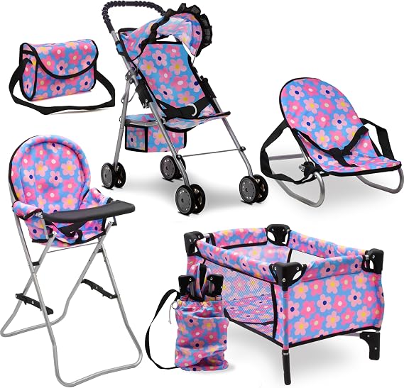 Baby Doll Stroller Bed and Seat Nursery Playset, Baby Doll Accessories Set High Chair Diaper Bag Role Play Deluxe Baby Doll Blue Set