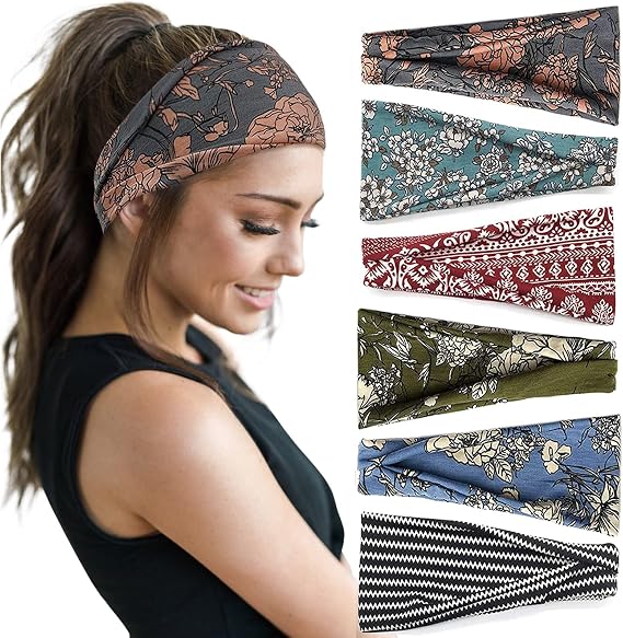 Huachi Boho Wide Headbands 6 Pack - Non Slip Yoga and Workout Hair Accessories for Women