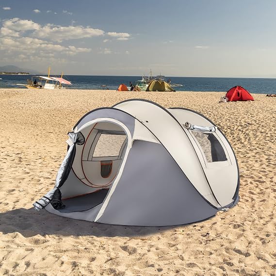 Pop Up Tent, Instant Setup Camping Tent, Beige and Gray, Portable Outdoor Shelter, 110.2 x 78.7 x 47.2 Inches, 4.6kg Weight, Compact 27.5 Inch Carry Size, 3-4 Person