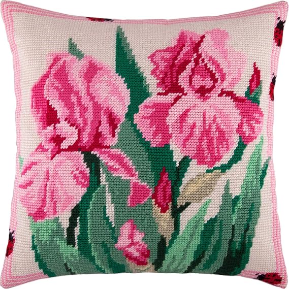 Pink Irises. Needlepoint Kit. Throw Pillow 1616 Inches. Printed Tapestry Canvas, European Quality