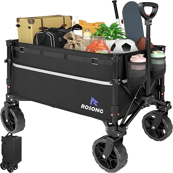 ROSONG Collapsible Wagon Cart with Wheels Foldable - Folding Utility Heavy Duty Wagons Carts for Grocery Sports Garden Shopping Camping Wheelbarrows (Black, 120L)