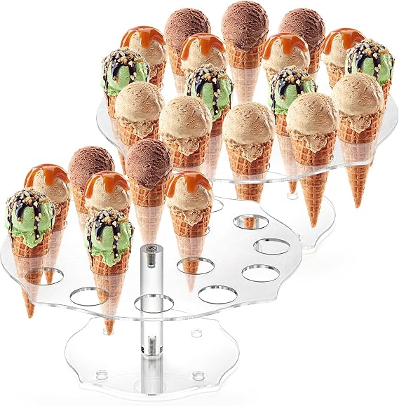 yarlung 2 Pack Ice Cream Cone Holder, 16 Holes Acrylic Waffle Cone Display Stand, Clear Hand Roll Sushi Popcorn Rack for Party Buffet Birthday Wedding