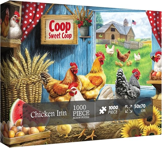 Chicken Farm Puzzle for Adults 1000 Pieces, Animal Flower Jigsaw Puzzle, Sunflower Thanksgiving Nature Rooster Barn Country Puzzle