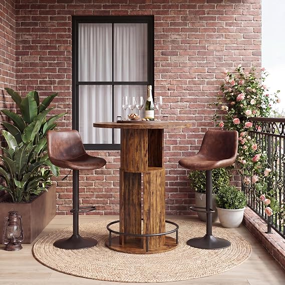 39.4'' H Round Bar Table, Industrial High Top Wood Bistro Pub Table, Brown