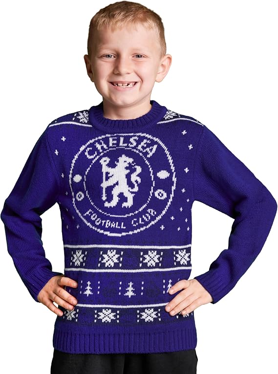 Chelsea F.C. Boys Christmas Sweater Crew Neck Long Sleeve for Kids Teenagers Gifts for Boys