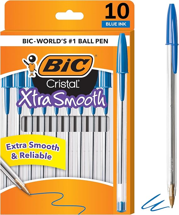 BIC Cristal Xtra Smooth Ballpoint Pen, Medium Point, 1.0mm, Blue, 10-Count | Smooth Ink for Effortless Writing | Dependable for Daily Use | Ideal for School or Office | Medium Point for Clear Lines
