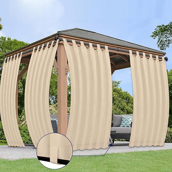 PureFit Outdoor Curtains for Detachable Sticky Tab Top Patio Waterproof/Weatherproof, UV and Fade Resistant Outside Curtains for Gazebo, Porch, Pergola, Privacy Curtain, 54 x 84 inch, 2 Panels, Beige