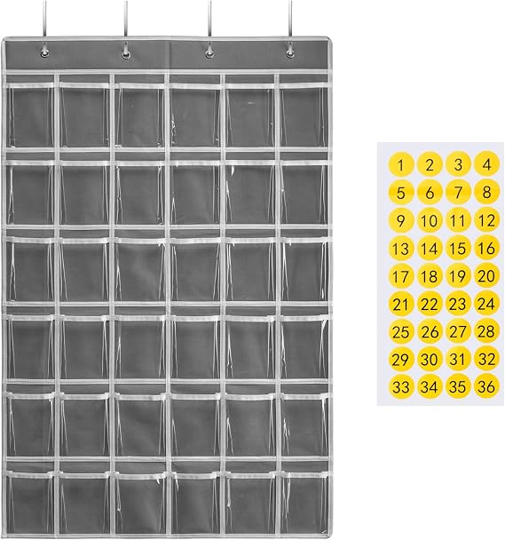 SAVERHO 36 Clear Pockets Classroom Pocket Chart for Cell Phones and Calculator Holder, Pocket Chart for Classroom Phone Holder with Number Stickers and Hooks (Grey)