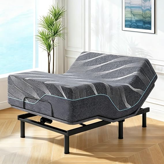 Vipbear Adjustable Bed Base Full Massage with 14" Grey Mattress Dual Head & Foot Headrest Lift Electric Bed with Wireless Remote | 0 Gravity | Anti-Snore | Under Bed LED | USB Ports